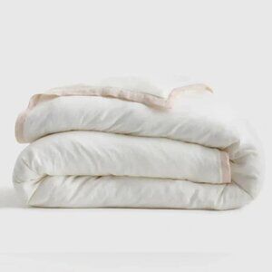 Quince European Linen Contrast Flange Full Queen Duvet Cover White and Sand